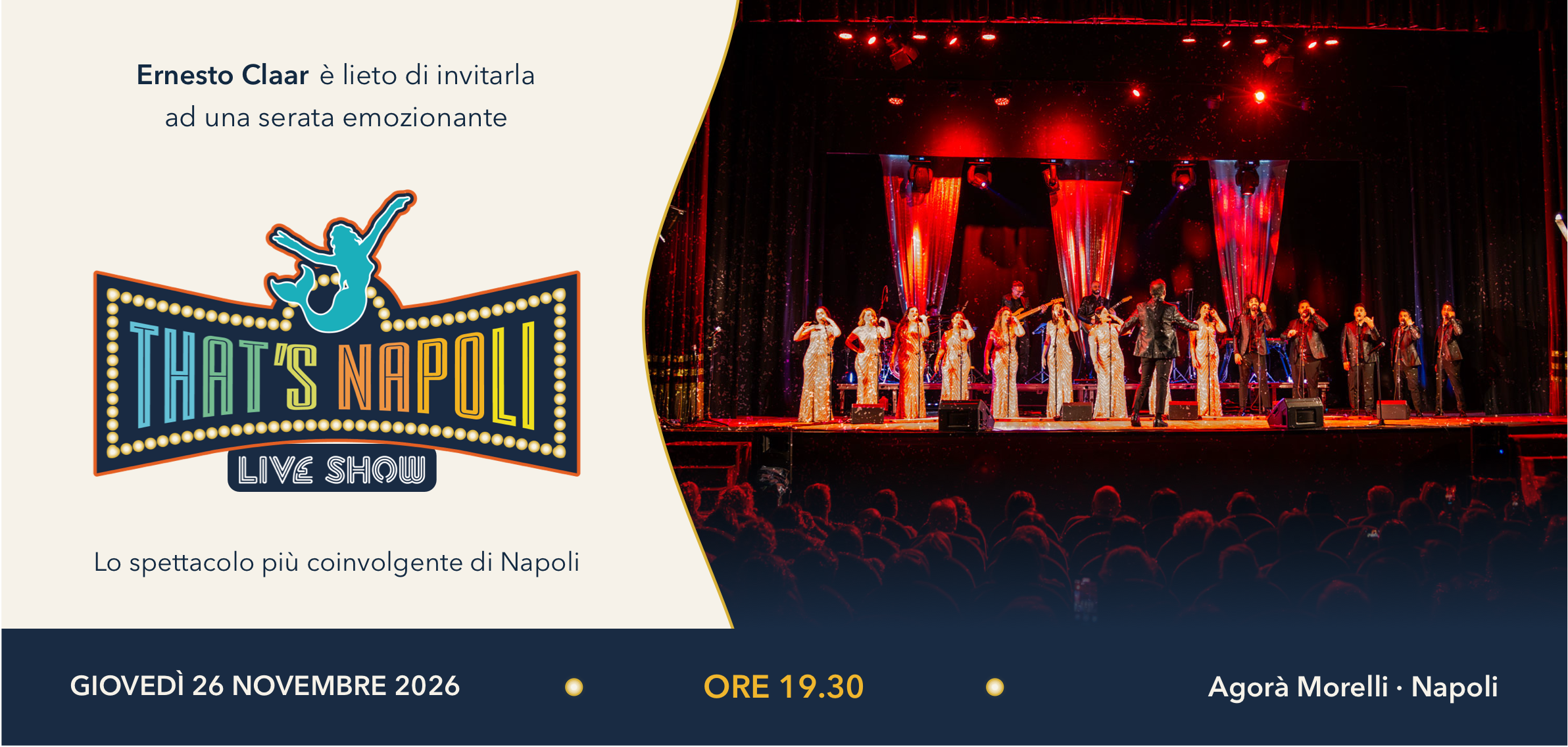 Fronte dell’invito con il logo That’s Napoli e la fotografia dello spettacolo